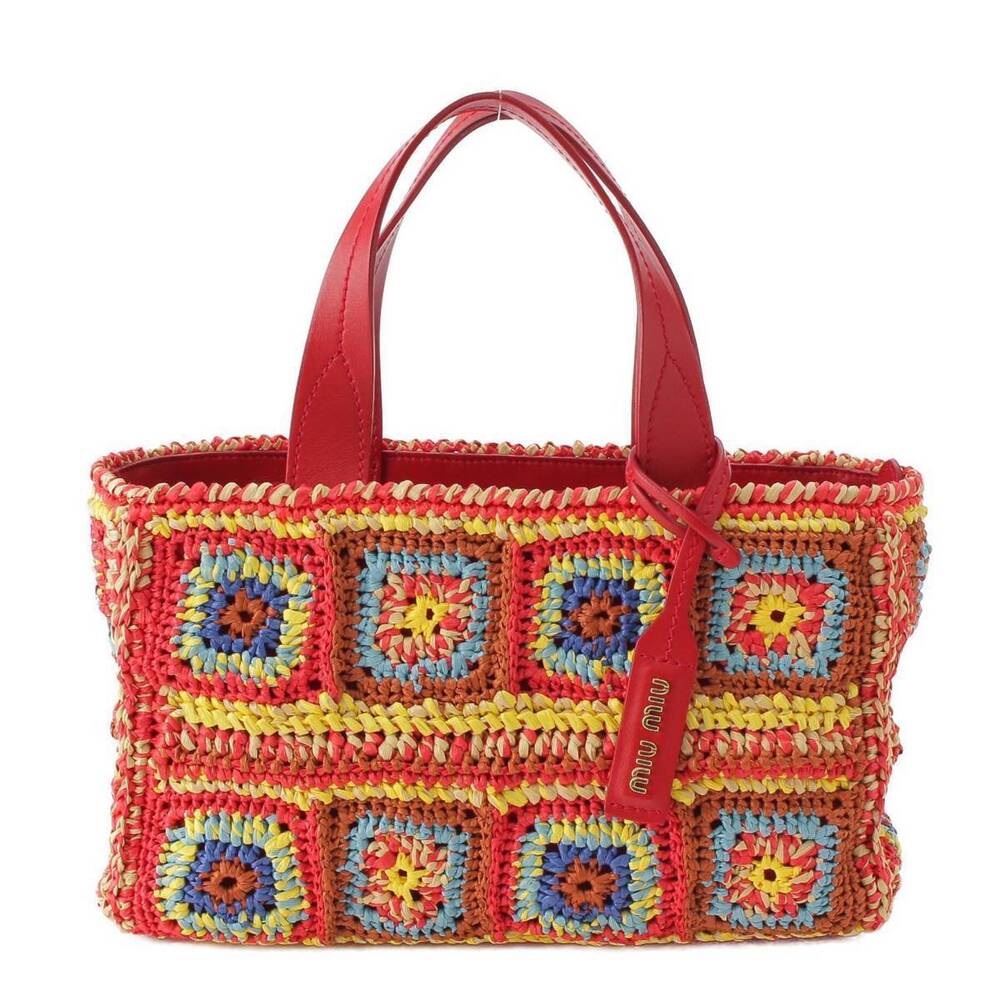 Miu Miu Logo Raffia Leather Handbag Red Multicolor